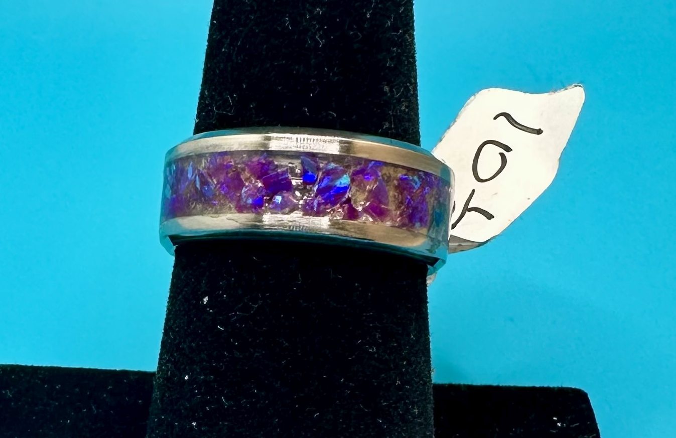 Beautiful Red & blue fire opal on stainless steel band ring-size 7 1/2- $63-ships free (#451)