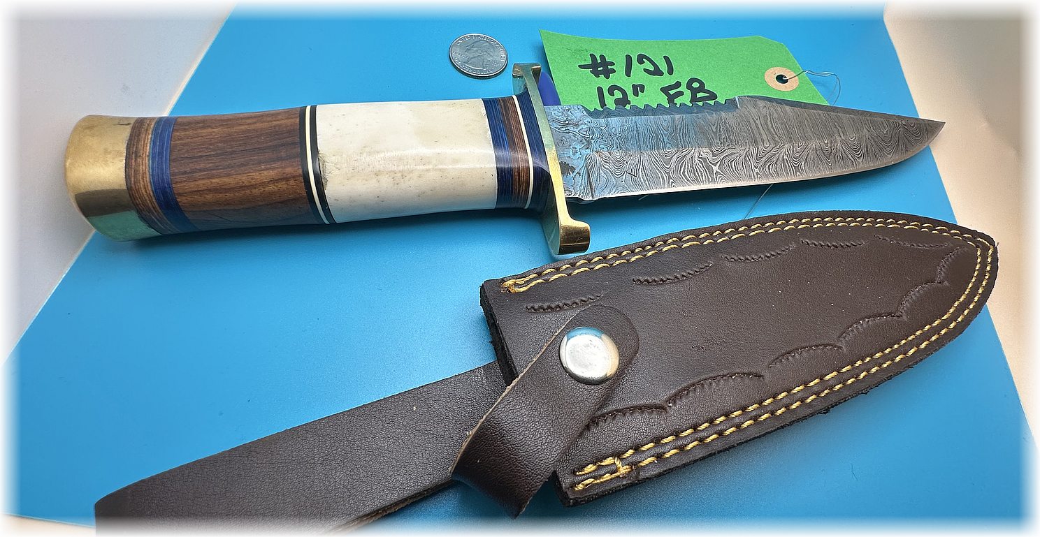12" fixed blade drop point knife ($71) with bone and walnut handle and finger guard (#121)