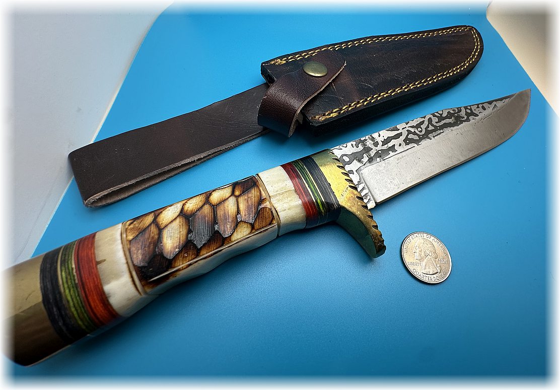 12" clipped point knife with scalloped bone, white and red handle ($71) (free shipping) (#122)