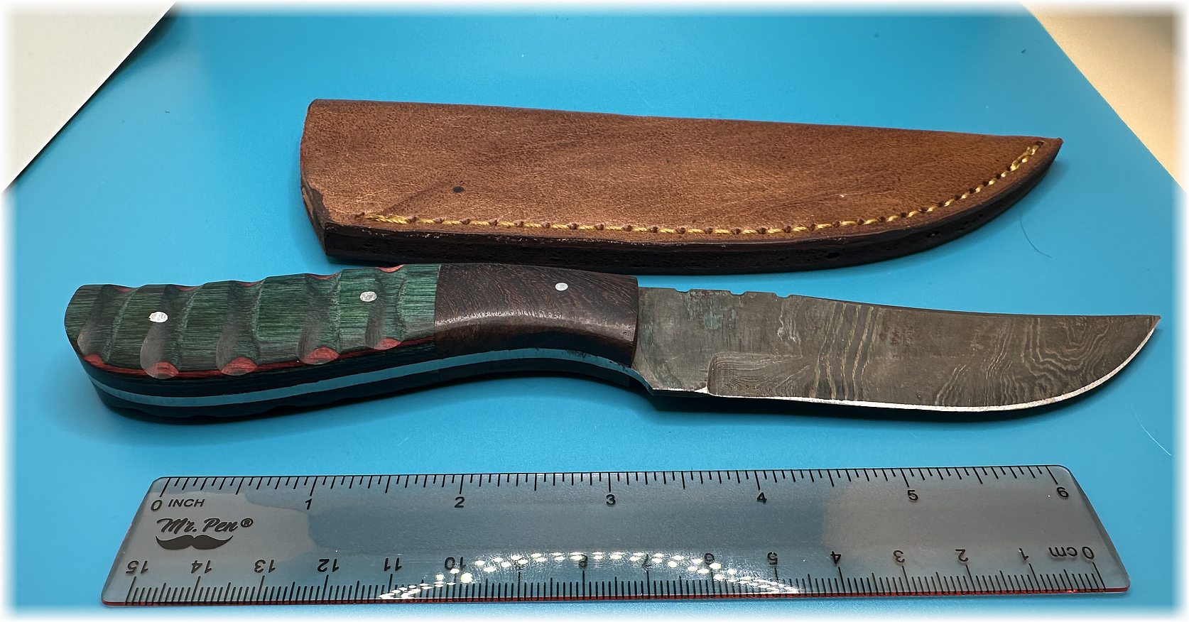 8" Bone and sculpted wood handle clipped drop blade Damascus steel knife -$42-ships free-(#210)