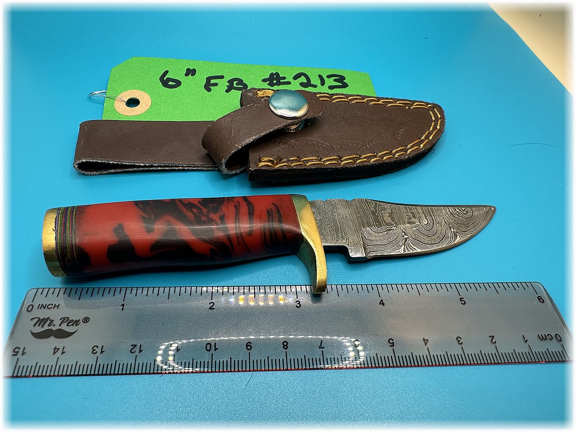 6" Damascus fixed blade with leather sheath -$24-ships free-(#213)