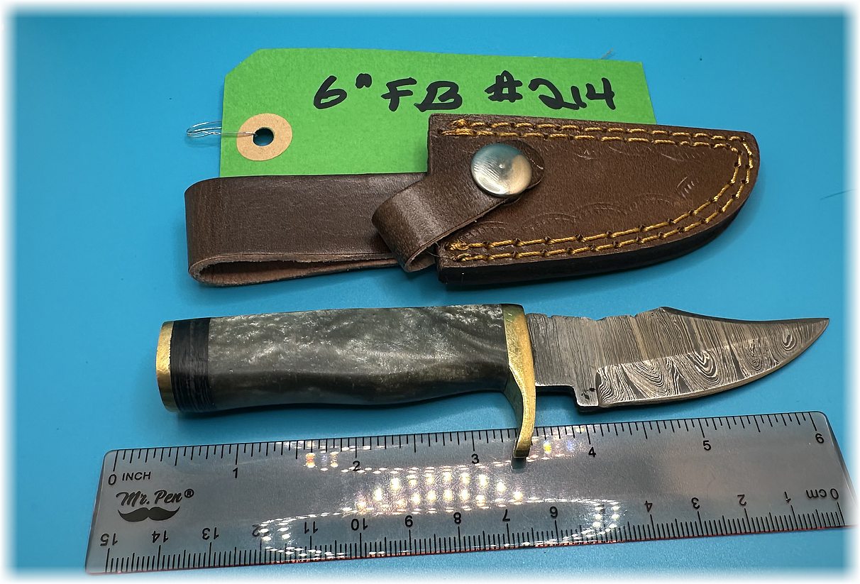 6" Damascus fixed blade with leather sheath -$24-ships free-(#214)