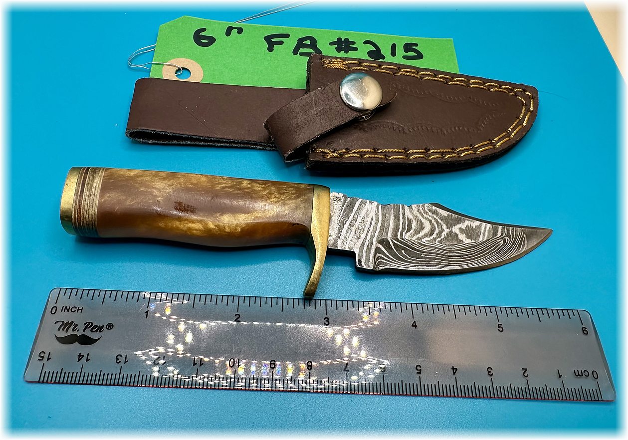 6" fixed blade Damascus steel blade with natural composite handle & leather sheath -$24-ships free-(#215)