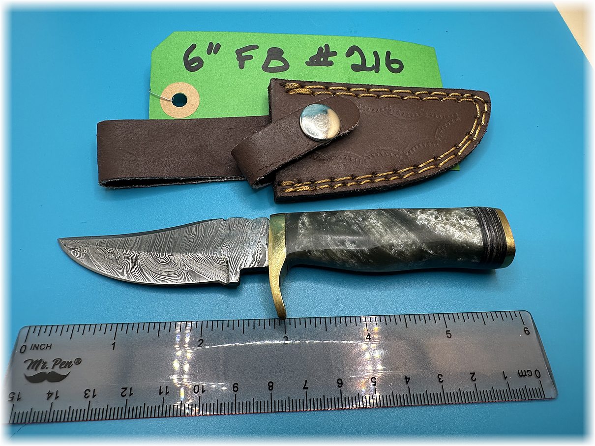 6" fixed blade Damascus steel blade with silver and black composite handle & leather sheath -$24-ships free-(#216)