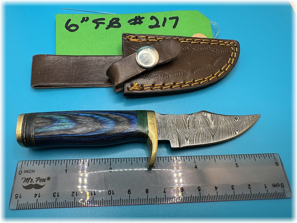 6" fixed blade Damascus steel blade with blue and black composite handle & leather sheath -$24-ships free-(#217)