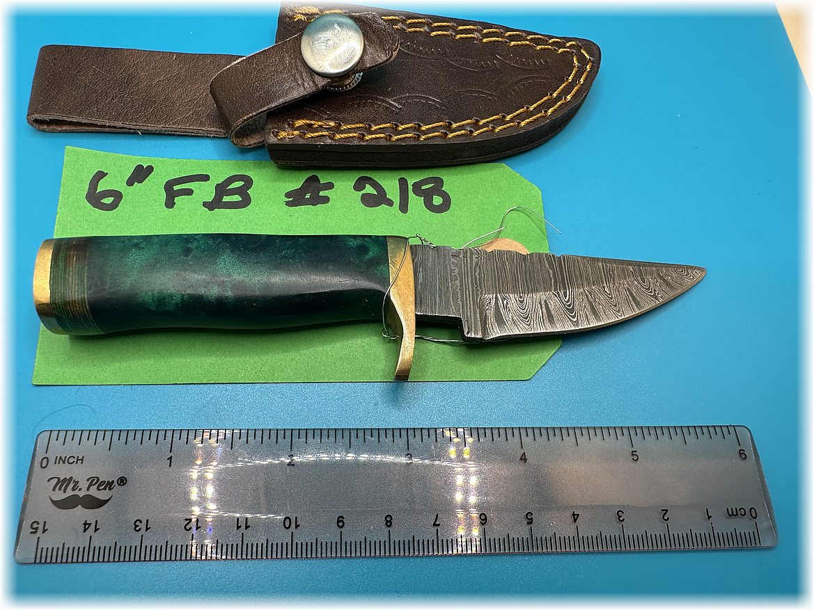 6" fixed blade Damascus steel blade with blue and black composite handle & leather sheath -$24-ships free-(#218)