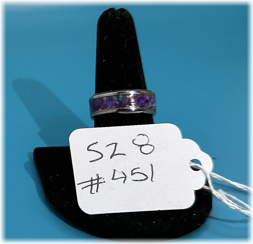 Size 8 red & blue inlaid ring on stainless steel band -$63-(#451)