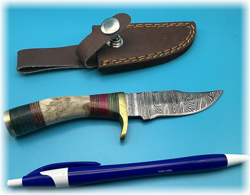 6" fixed blade knife with antler and red handle ($24), leather sheath and free shipping (#112)