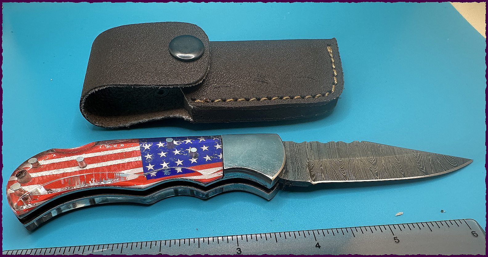 6" high carbon Damascus folding steel blade knife with patriot red, white and blue handle-$34-Ships free-(#F102)