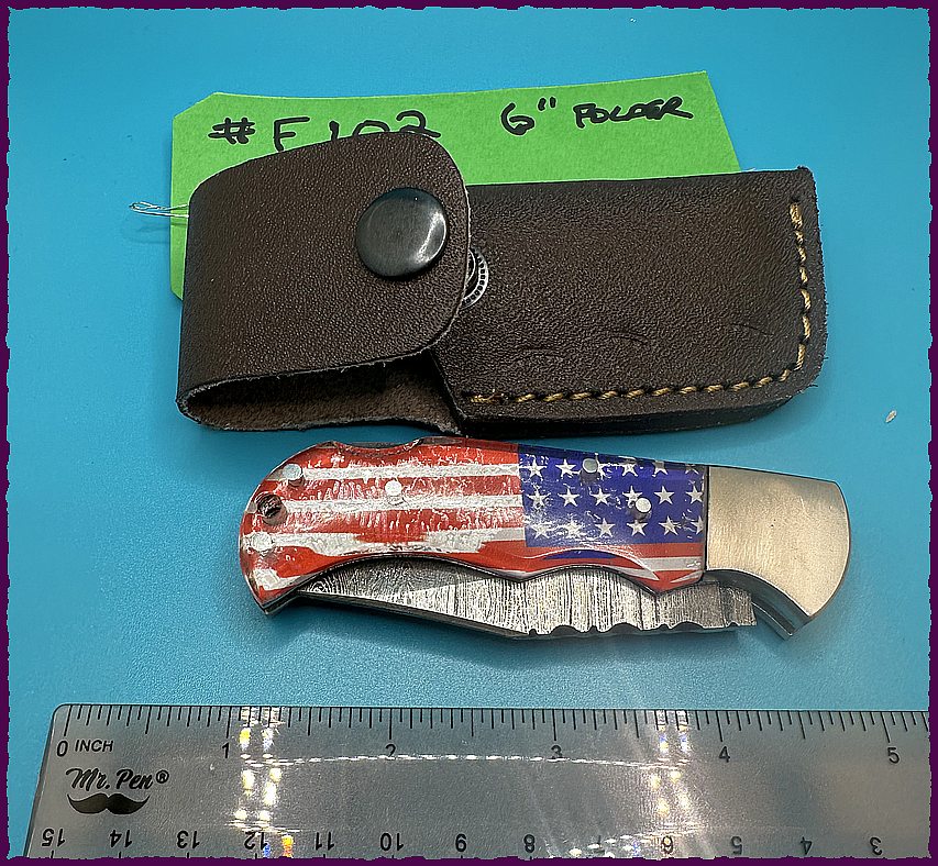 6" high carbon Damascus folding steel blade knife with patriot red, white and blue handle-$34-Ships free-(#F102)