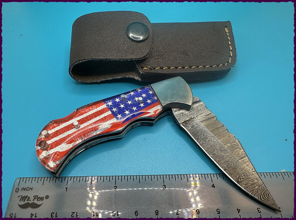 6" high carbon Damascus folding steel blade knife with patriot red, white and blue handle-$34-Ships free-(#F102)