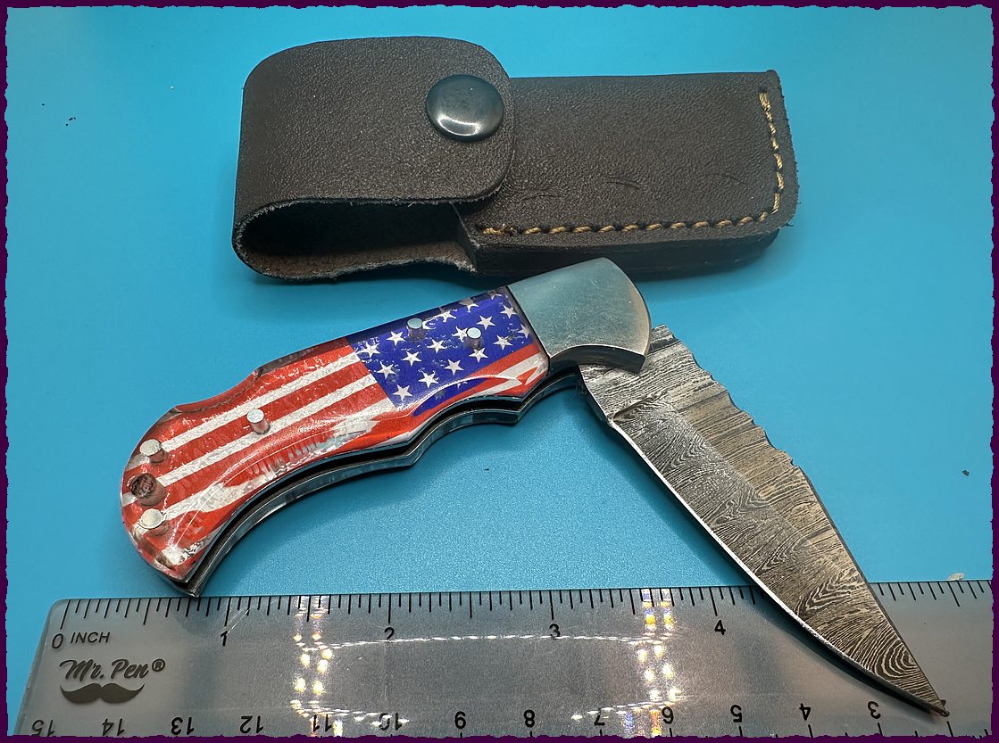 6" high carbon Damascus folding steel blade knife with patriot red, white and blue handle-$34-Ships free-(#F102)